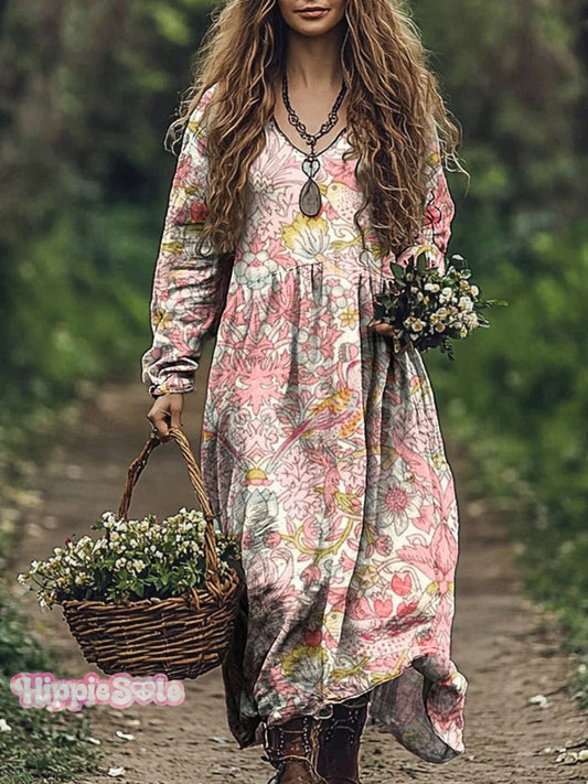 Pink Floral Print Casual V-Neck Pocket Cotton Dress