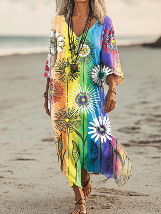 Women's Hippie Floral Art Print Pocket Cotton Dress