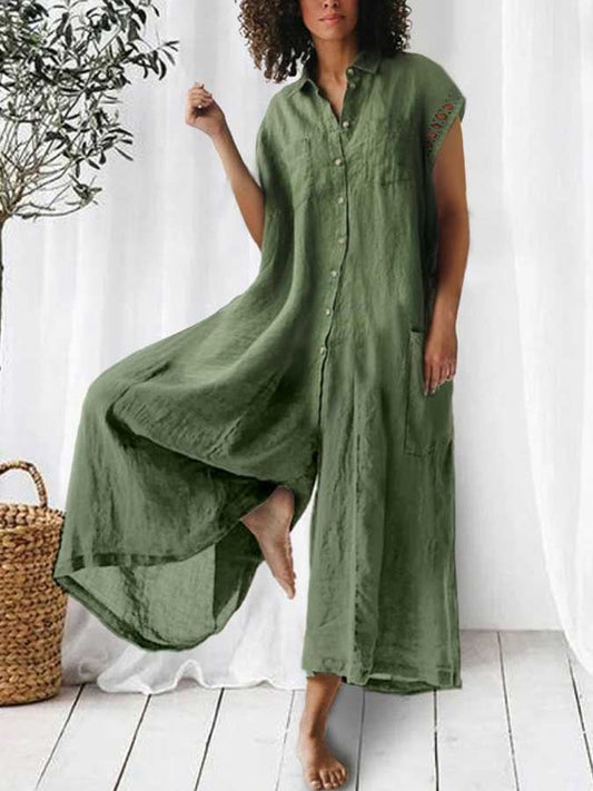 Shirt Collar Short Sleeve Solid Color Cotton Linen Jumpsuit