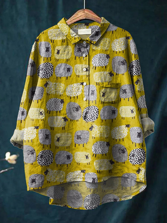 Vintage Lovely Sheep Art Print Casual Cotton And Linen Shirt