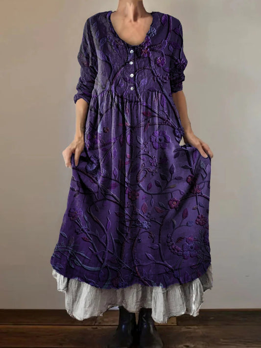 Women's Vintage Floral Embellished Pattern Art Print V-Neck Button Poc