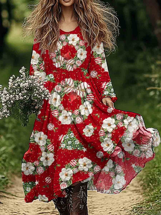 Women's Christmas Floral Robin Pattern Cotton And Linen Dress