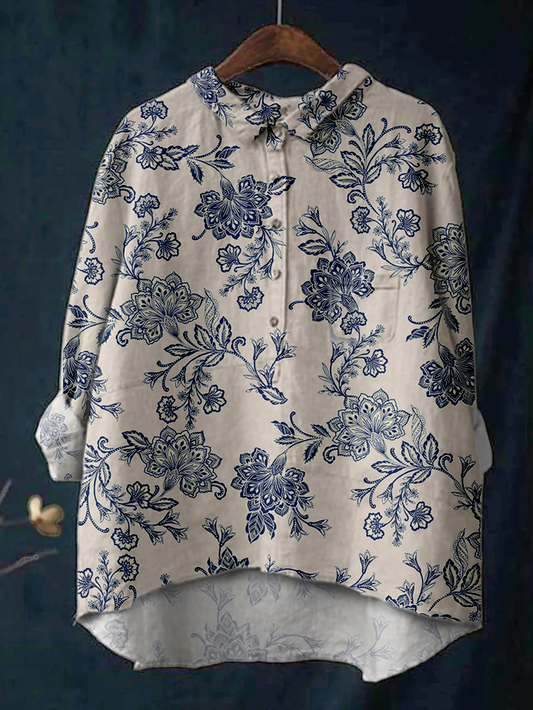 Women's Flower Print Casual Cotton And Linen Shirt