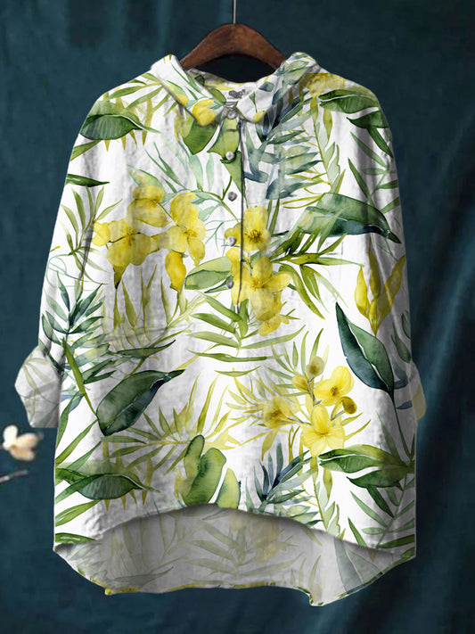 Colorful Watercolor Daisy Print Cotton And Linen Shirt