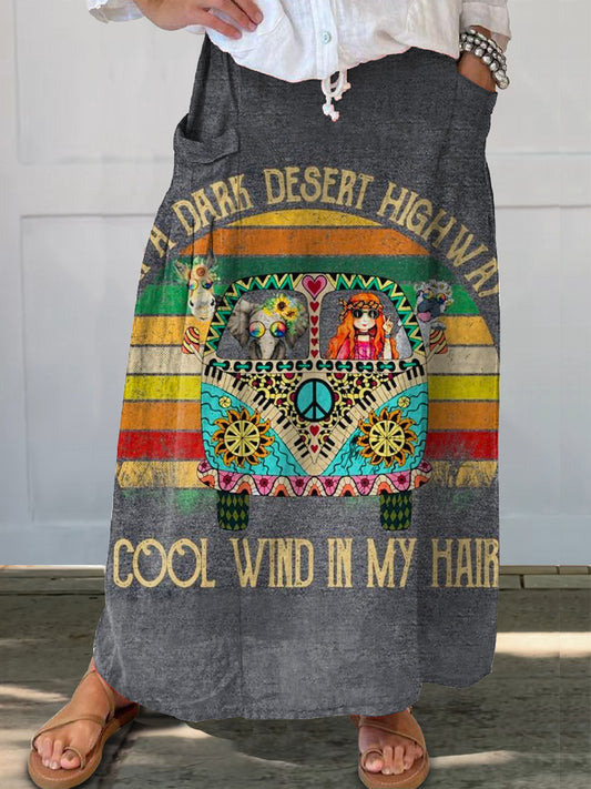 Women's Hippie Cool Wind In My Hair Art Print Linen Pocket Skirt