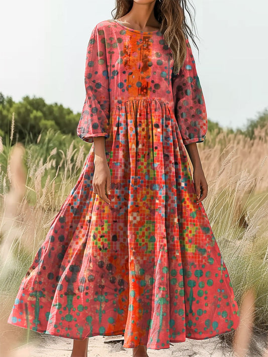 Women's Bohemian Floral Art Print Flowy Crew Neck Cotton Pocket Dress