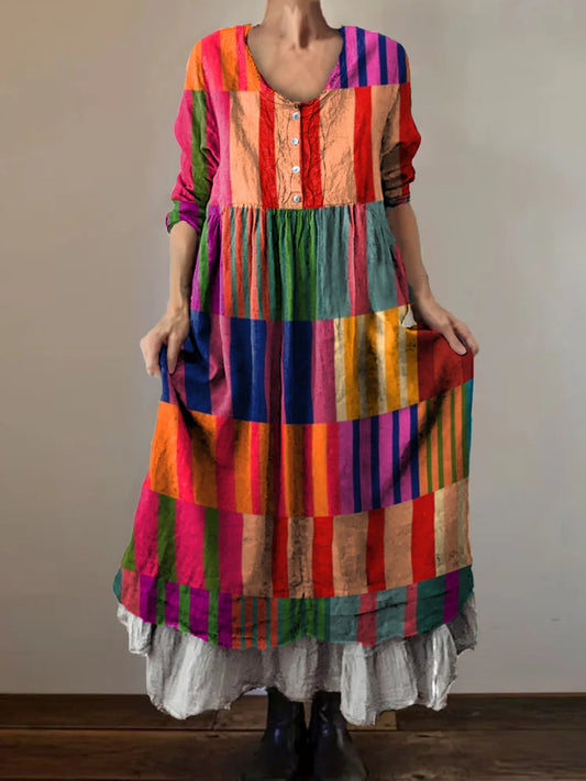 Women's Colorful Stripe Art Print V-Neck Button Pocket Cotton Dress