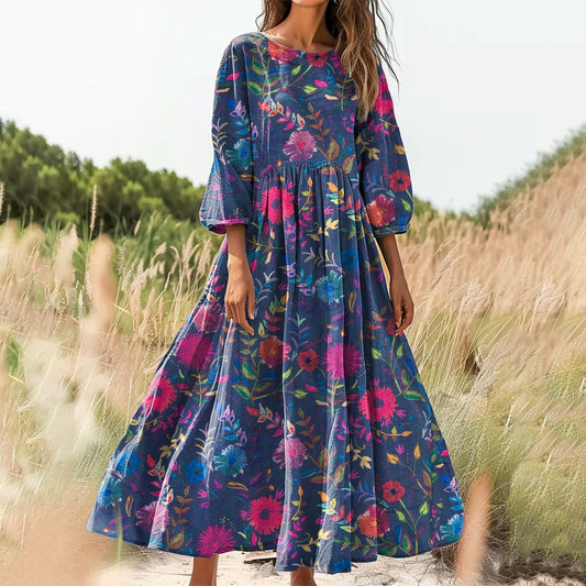 Women's Floral Embellished Pattern Art Print Cotton Crew Neck Dress