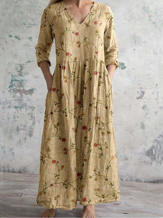 Women's V-neck Elegant Simple Floral Pattern Cotton And Linen Dress Wi
