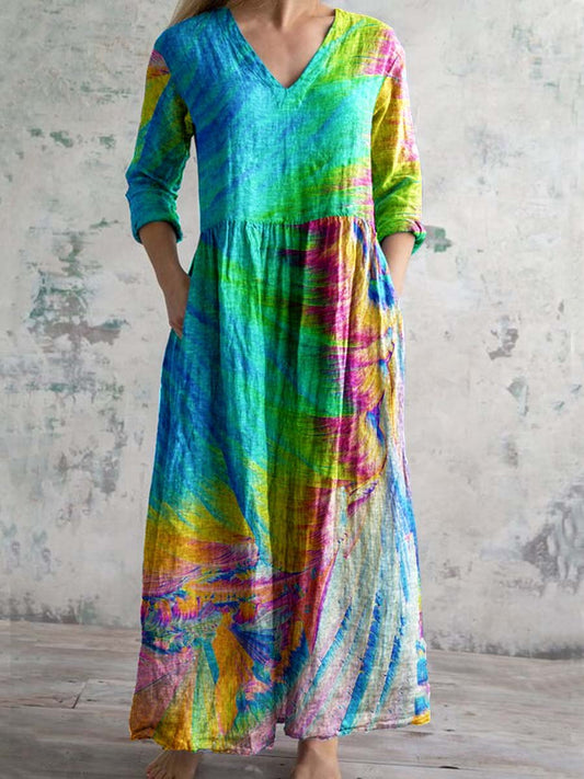 Women's Rainbow Art V-Neck Cotton and Linen Dress With Pockets