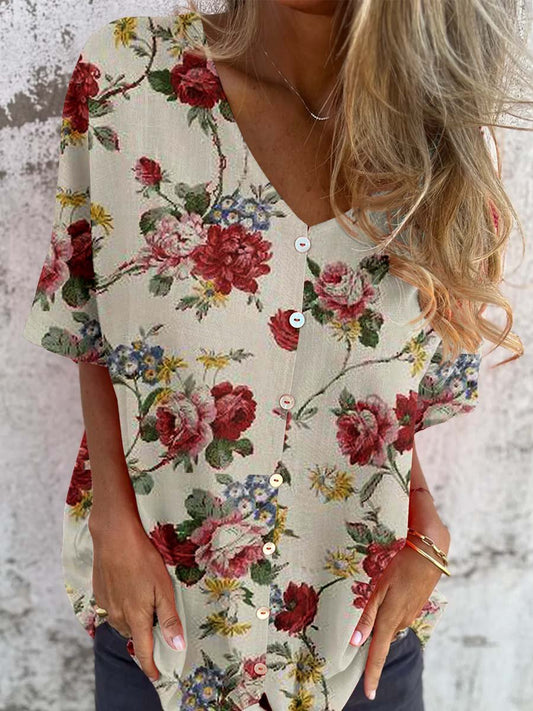 Women's Classic Elegant Floral Pattern Shirt Style Cotton and Linen Top