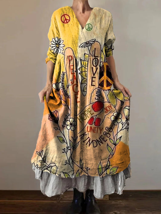 Women's Hippie Peace Love Art Print V-Neck Button Pocket Cotton Dress