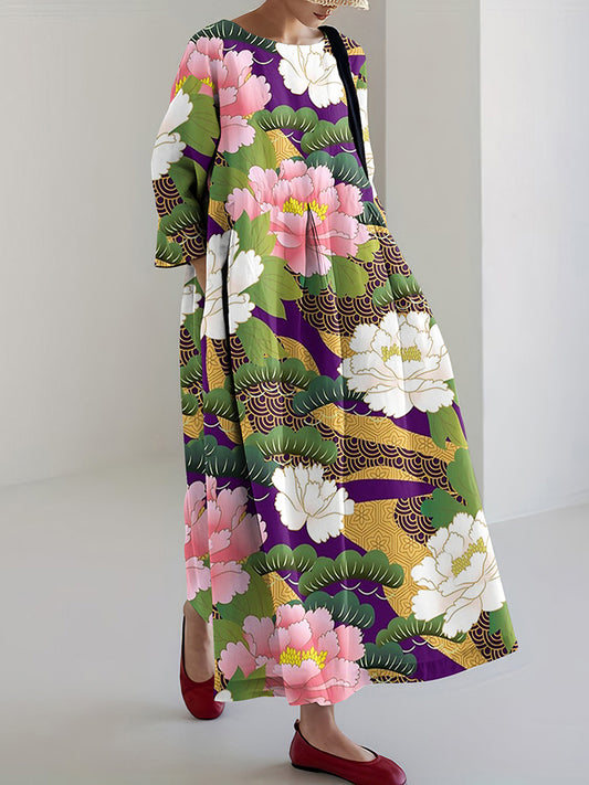 Japanese Art Peony Print Casual Midi Dress