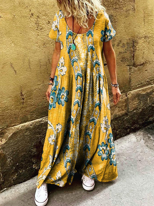 Women's Vintage Bohemian Floral Art Print Pocket Short Sleeve Cotton D