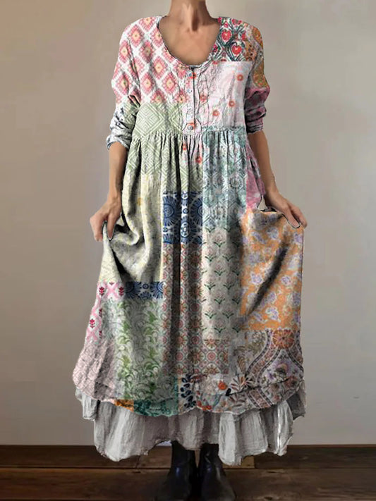 Women's Floral Patchwork Pattern Art Print V-Neck Button Pocket Cotton