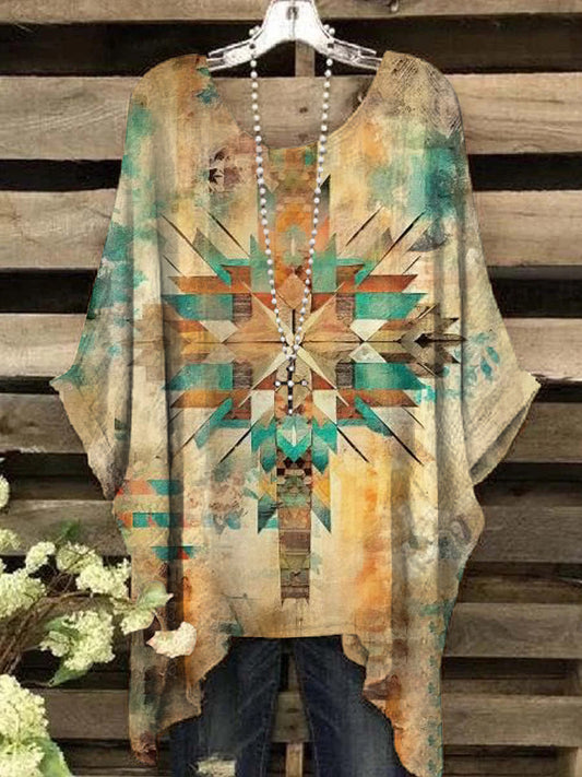 Women's Western Ethnic Abstract Print Irregular Top