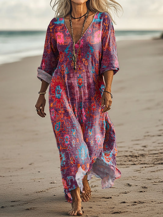 Women's Retro Totem Folk Flower Art Print Pocket Cotton Dress