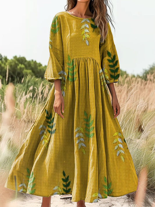 Women's Vintage Leaf Art Print Flowy Cotton Crew Neck Dress