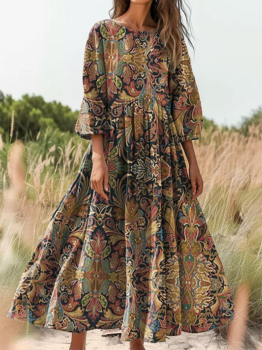 Women's Retro Ethnic Totem Printed Flowy Cotton Crew Neck Dress