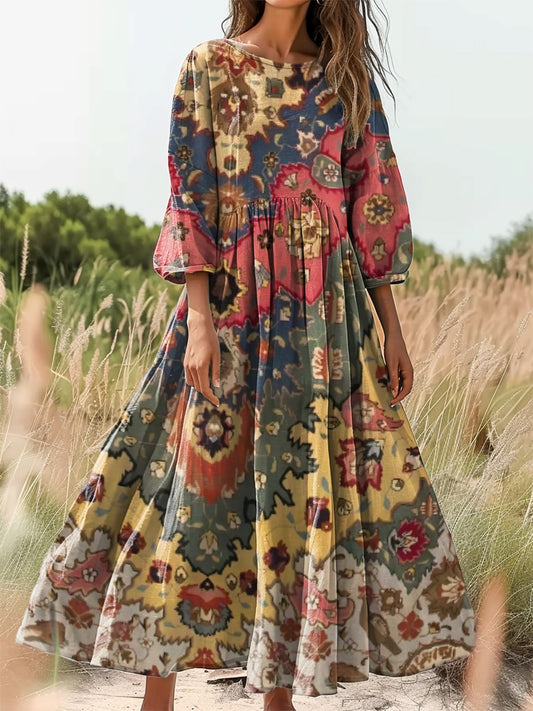 Women's Retro Boho Ethnic Collage Print Flowy Cotton Crew Neck Dress