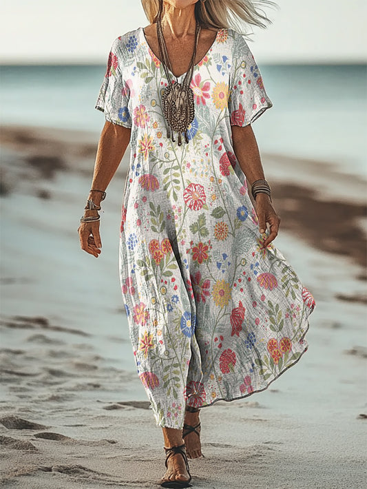 Women's Floral Art Patterns Art Print Short Sleeve Pocket Cotton Linen