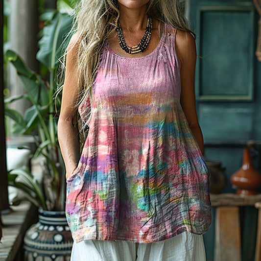 Women's Retro Cancer Awareness Ribbon Gradient Art Linen Sleeveless Tank Top
