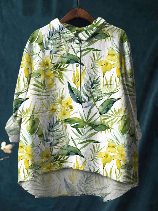 Elegant Watercolor Floral Print Cotton And Linen Shirt