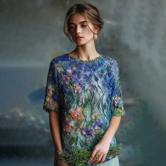 Women's Oil Painting Floral Contrast Color Sequined T-shirt