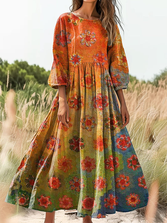 Women's Vintage Floral Art Print Flowy Cotton Crew Neck Dress