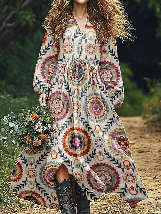 Women's Geometric Vintage Art Floral Pattern Cotton And Linen Dress