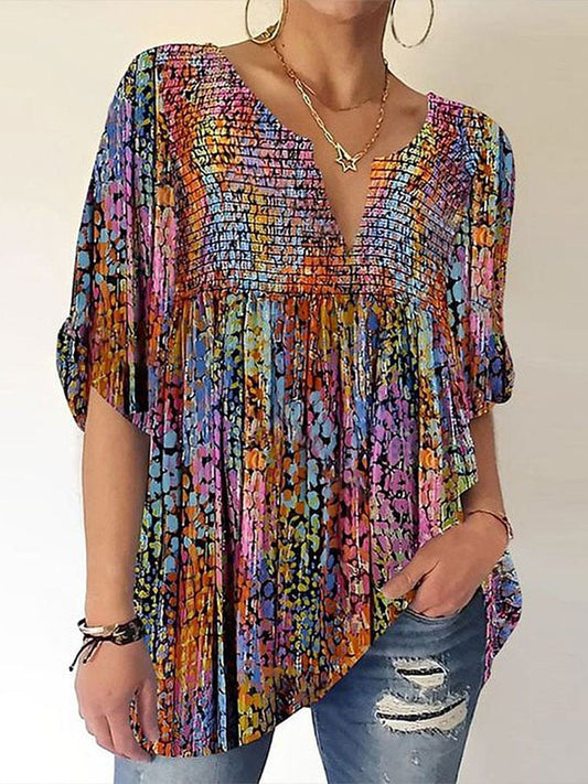 Women's Colorful Geometric Print V-Neck Top