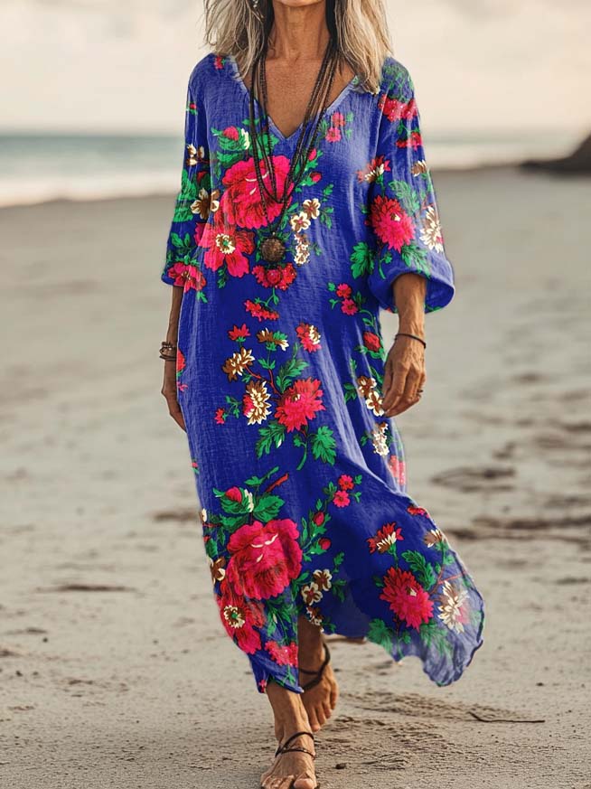 Women's Floral Art Print Pocket Cotton Dress