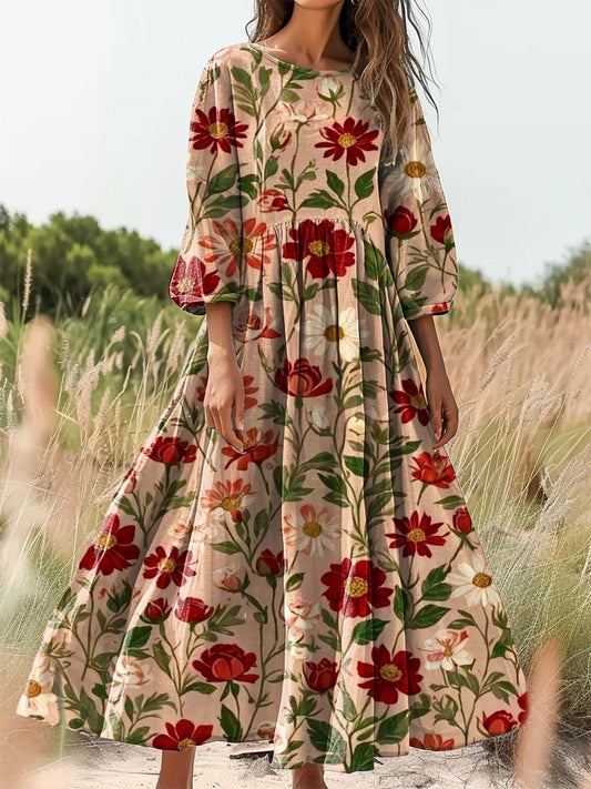 Women's Vintage Folk Floral Art Print Crew Neck Pocket Cotton Dress