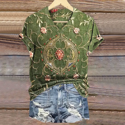 Women's Vintage Ethnic Floral Art Print V-neck Casual T-Shirt