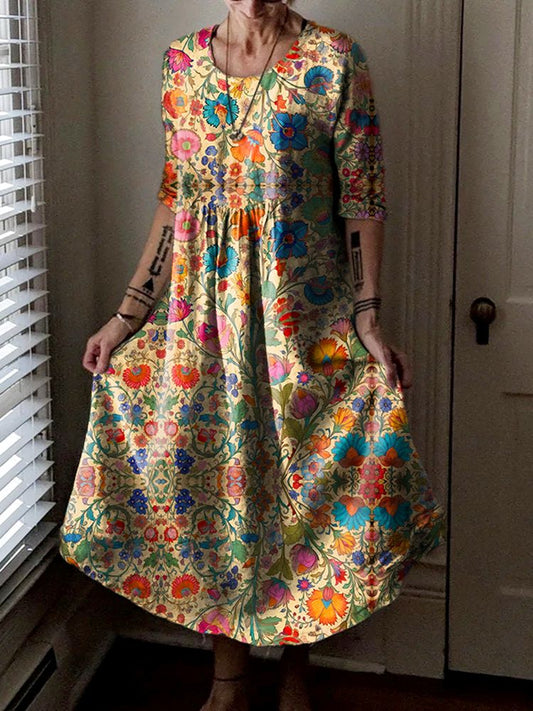 Women's Floral Art Print Pocket Cotton Dresses