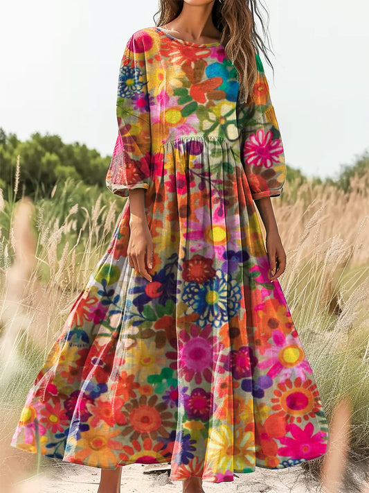 Women's Painting Floral Art Print Flowy Cotton Crew Neck Dress