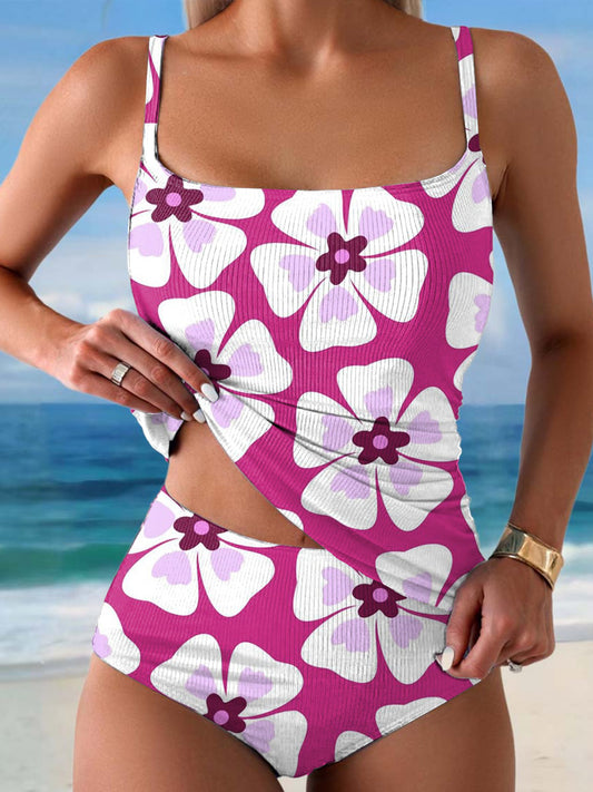Women's Floral Print Summer Beach Halter Top And Triangle Briefs Tankini Set