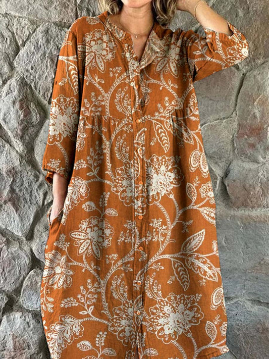 Women's Elegant Simple Shirt Style Cotton and Linen Dress with Decorat