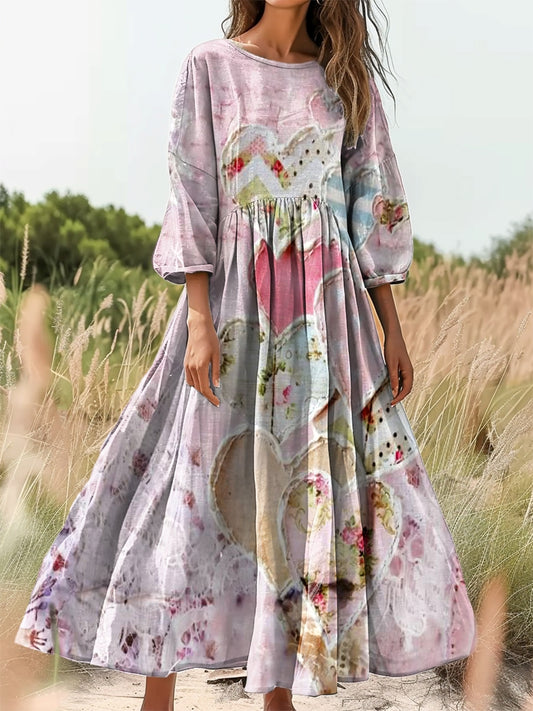 Women's Vintage Heart Patchwork Art Print Flowy Cotton Crew Neck Dress