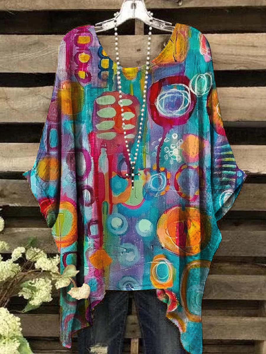 Women's Oil Painting Abstract Print Vintage Top