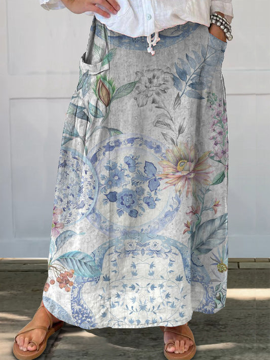 Women's Floral Art Printed Linen Pocket Skirt