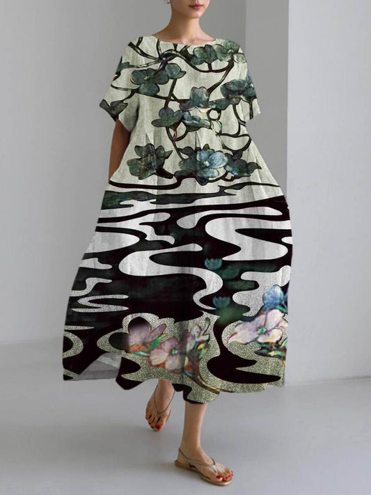 Chinese Floral Art Linen Long Dress