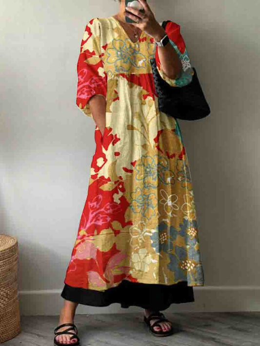 Women's Artistic Flower Color Block Pattern Cotton Dress