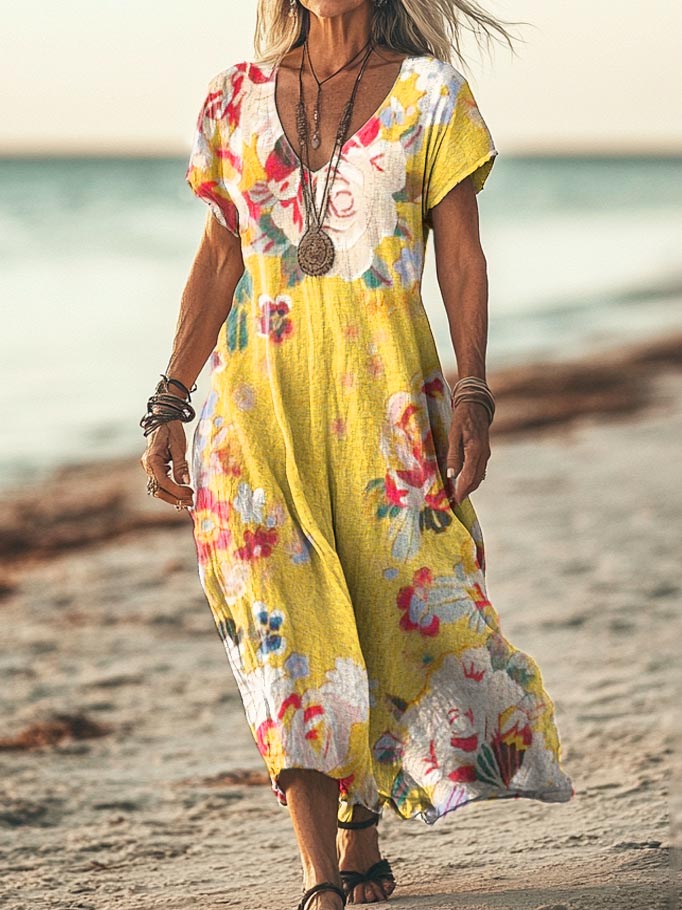Women's Bohemian Floral Print Pocket Cotton Dress