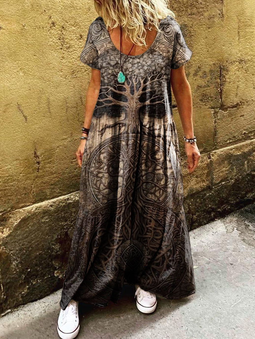 Women's Celtic Art Print Pocket Short Sleeve Cotton Dress