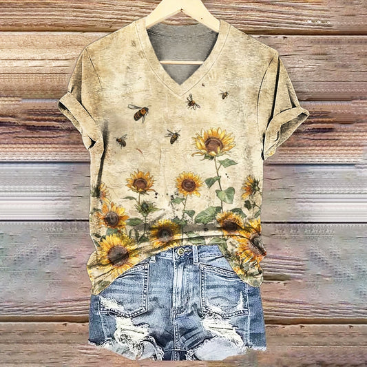 Women's Vintage Sunflower Bee Print V-neck Casual T-Shirt