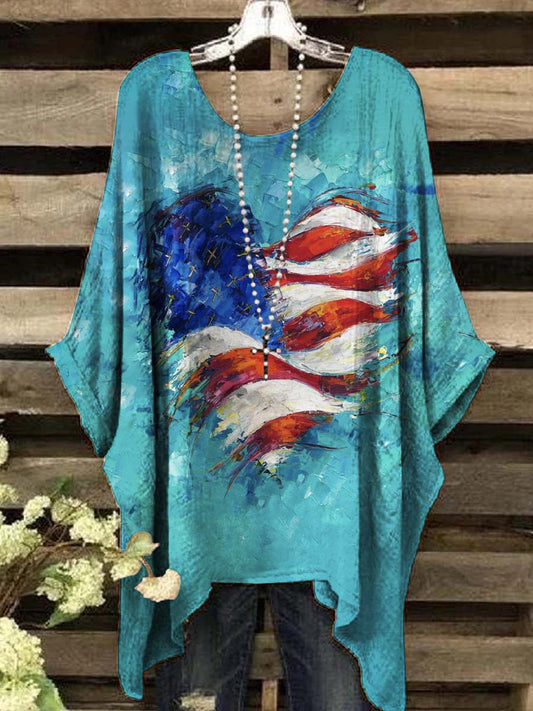 Women's Independence Day Oil Painting Flag Heart Print Casual Top