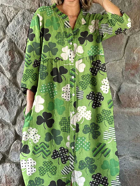 Women's Four Leaf Clover Pattern Cotton Shirt Dress