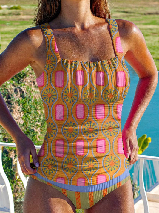 Women's Retro Ethnic Stripe Pattern Print Summer Beach Halter Top And Triangle Briefs Tankini Set