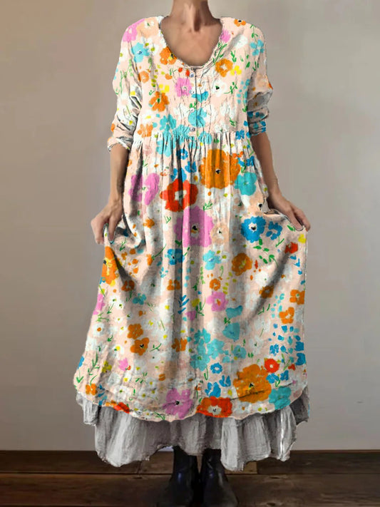 Women's Art Floral Hippie Vintage Print V Neck Dress